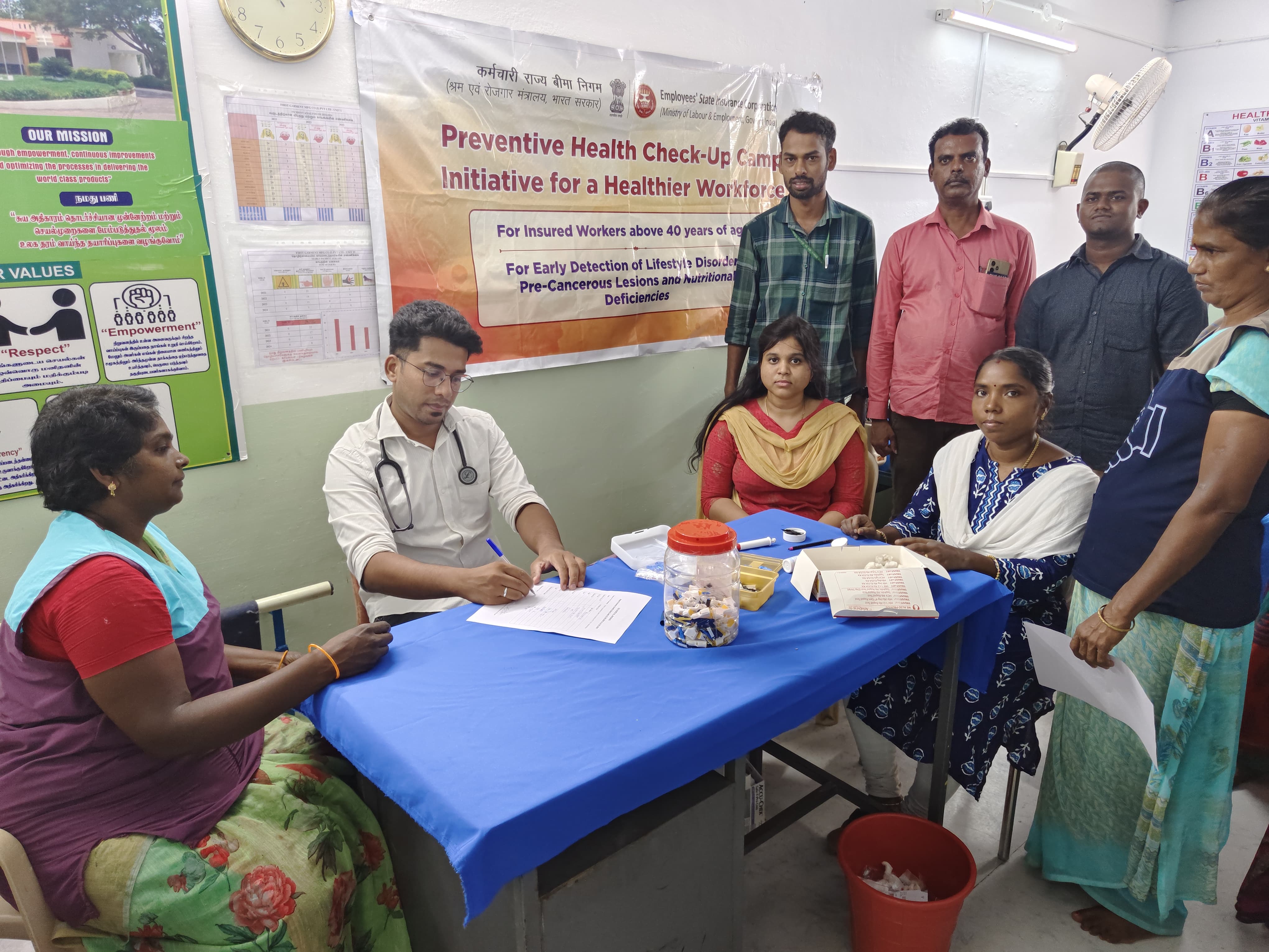 Preventive health check-up camp at First Garments Pvt Ltd, Madurai, on 24.08.2024.